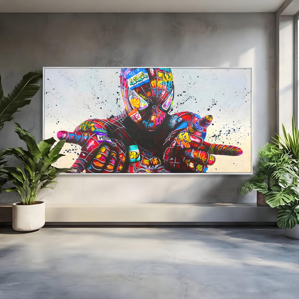 Tablou canvas cu tablou canvas cu omul paianjen in stil grafitti, in rama de aluminiu argintiu